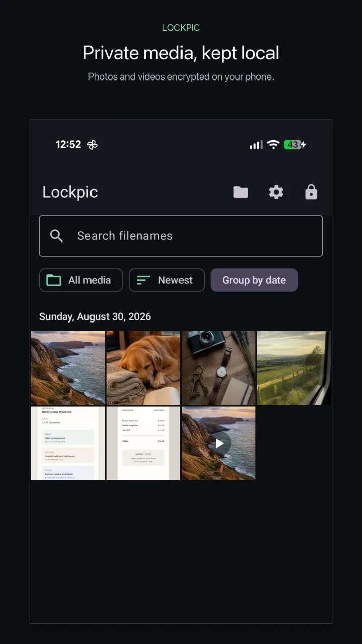 Lockpic encrypted gallery containing example photos and documents