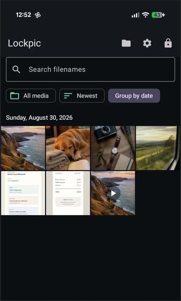 Lockpic encrypted gallery with example photos and video