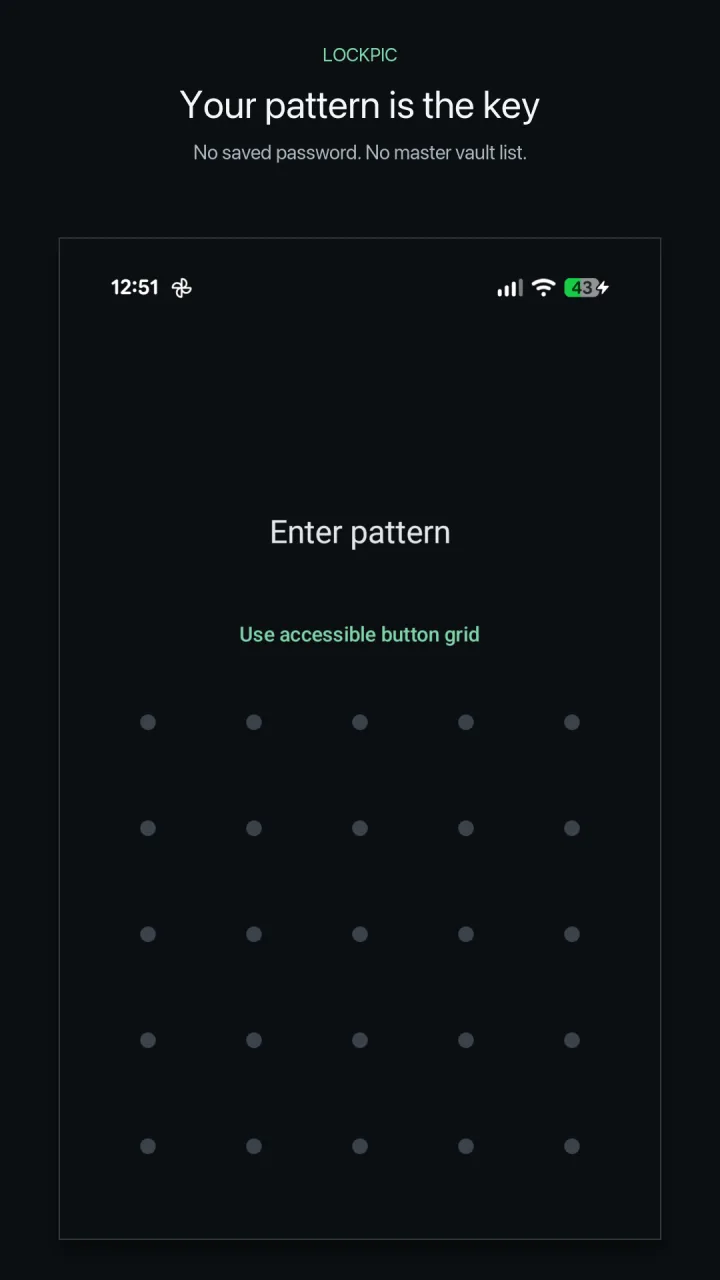 Lockpic's private five-by-five pattern entry screen