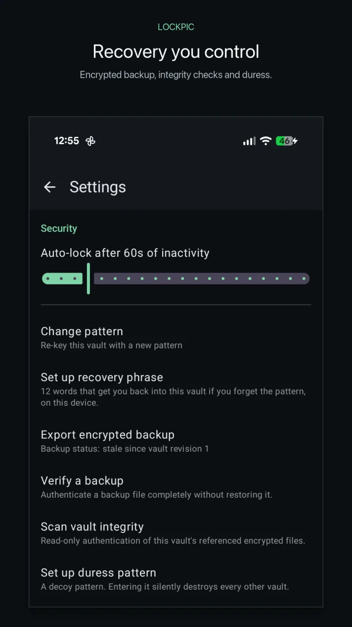 Lockpic settings showing encrypted backup and verification controls